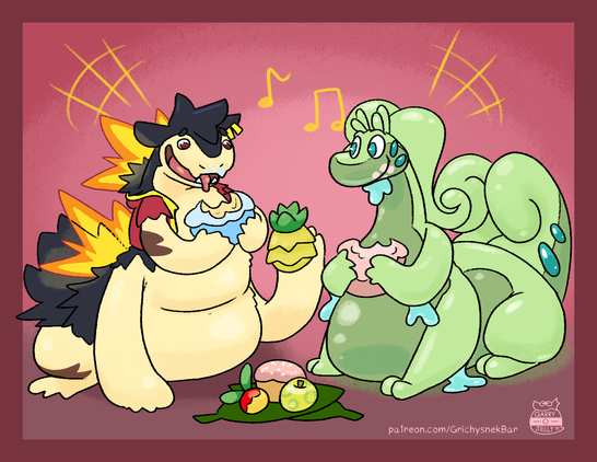 Flint the Typhlosion taur and a taurred Goodra Fen, enjoying eating berries sitting together.