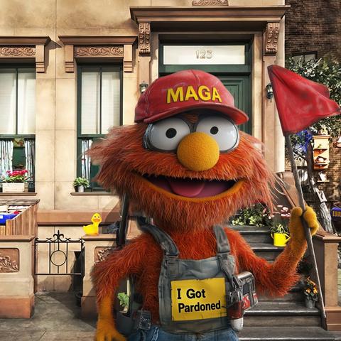Parody image of a puppet character resembling those from a popular children’s television show. Character is an orange, shaggy, Muppet-like figure wearing a red "MAGA" baseball cap and holding a red flag. Character is also dressed in overalls with a yellow sign attached to the front that reads, "I Got Pardoned." The background depicts a familiar urban stoop scene with the number "123" on the door, reminiscent of Sesame Street, with accessories such as tools in the overalls and a rubber duck in the background add to the humorous and satirical tone.