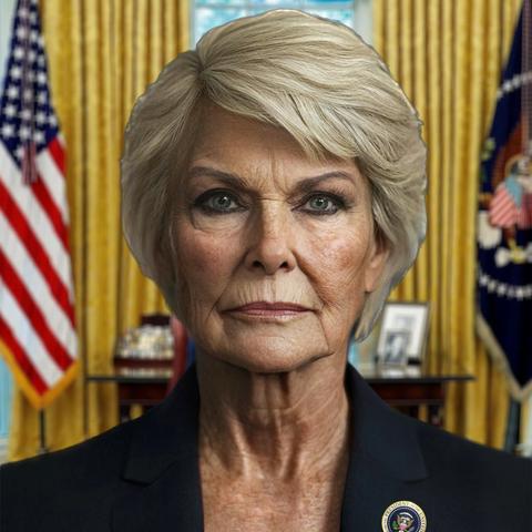 Serious, older woman with short, styled gray-blonde hair, standing in what appears to be the Oval Office. She wears a dark blazer adorned with a presidential seal lapel pin and behind her, American flags and a presidential desk are visible, reinforcing the setting as a symbol of leadership and authority.