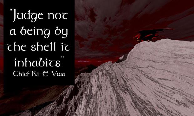 An imaginary, grey and white dusty mountain (it's not snow, because I made the mountain). The sky is red with thin, grey clouds. Atop the mountain a red dragon is perched, wings out, as though about fly.

Overlaying this scene is a quote that reads "Judge not a being by the shell it inhabits" (Chief Ki-E-Vwa, who is a character in my fantasy writing).