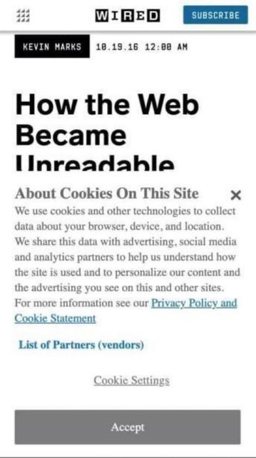 Screenshot taken from a mobile phone of a Wired article titled "How the Web Became Unreadable." More than half of the screen is covered by a cookie warning.