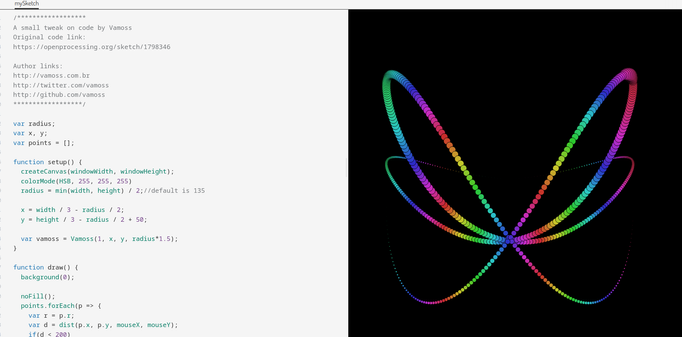 a screenshot of openprocessing with code and colorful version of Vamoss signature butterfly loop made of circles