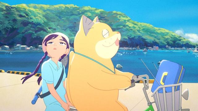 A large cat drives a mo-ped. It appears to be singing. A girl is riding with it, looking at the sky. They are on a pier. In the background, a mountain stretches into the sea.