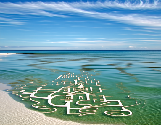 An enigmatic message in an unknown ideographic script, carved from very thin layers of wood or bamboo in a calligraphic style, floating on the shallow green-blue waters of a peaceful beach, under a blue sky with scattered clouds.