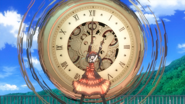 A girl in red holding two guns in front of a clock, her extended arms with guns forming a 1 o'clock.