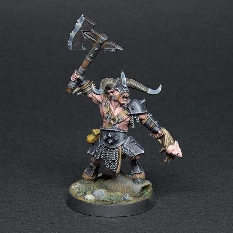 Half naked beast man braying and swinging and acts from one hand while holding a severed elf head with the other. The nmm is perfect
