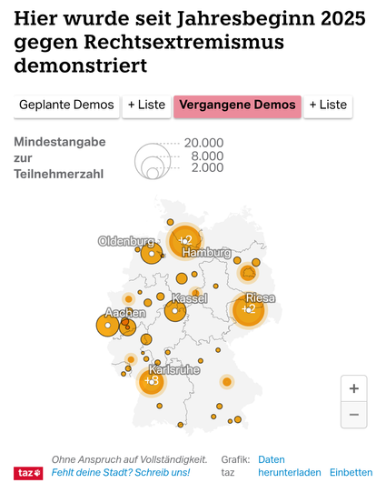 Eine Deutschlandkarte zeigt, wo Menschen seit Jahresbeginn gegen Rechts demonstriert haben