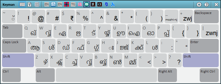 Image of a keyboard application which has the characters of two different languages on the keys. Image credit: https://help.keyman.com