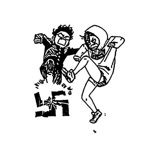 Deux jeunes personnages écrase une croix gammée.
Illustration manga noir et blanc.