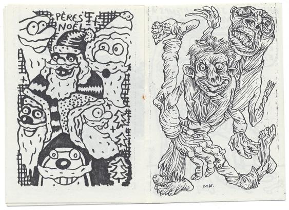 double page, imprimée en noir : à gauche, des pères noël à l'air idiot, dessinés rapidement par Captain Cavern. A droite, des personnages tordus en costume d'employés de bureau, dessinés par Mattt Konture.