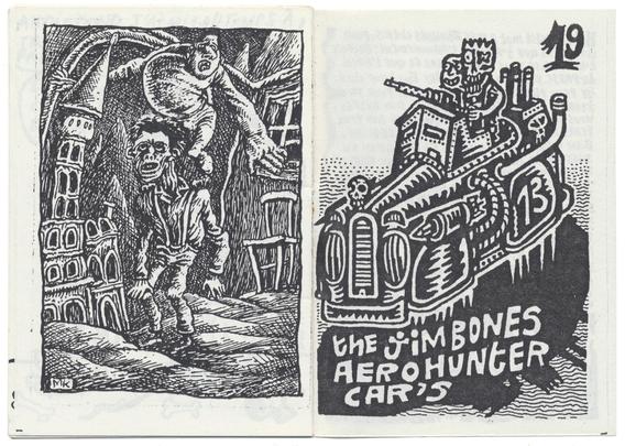 double page, imprimée en noir : à gauche, une scène fantastique, deux personnages, l'un sur l'autre, devant un batiment à tour, ou à clocher, qui semble être une maquette (dessin de Konture). A droite, un véhicule blindé et armé, conduit par un mort-vivant à deux têtes. La légende : 19. The Jim bones Aerohunter Car's.