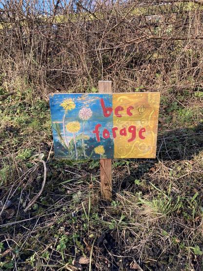 A painted sign saying "bee forage" with paintings of dandelions and bees around it. The sign is in a mini meadow with a bare wintry hedge behind