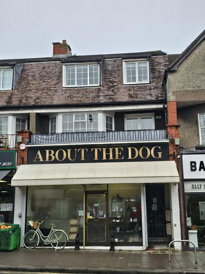 Photograph of a shop front, with a bicycle leaned againt the window. The window is steamed-up, its difficult to see through it. The shop sign above the window reads 'about the dog' in allcaps high contrast serif.