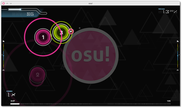 🕶️ A view of its user interface, with a dark theme, in a standard osu!game, where you have to click on circles and follow shapes very quickly.

📚️ osu! is a libre, multi-platform rhythm game in which the player tries to perform actions in rhythm with the music. 4 official game modes are proposed (osu!standard where he has to click on circle-shaped targets, osu!mania where he plays the piano, osu!catch where he has to catch fruits, and osu!taiko where he has to hit a drum). The beatmaps (assembly of music + playing elements) are designed by the community. Points are awarded according to the quality of the player's playing. An AppImage package is available.