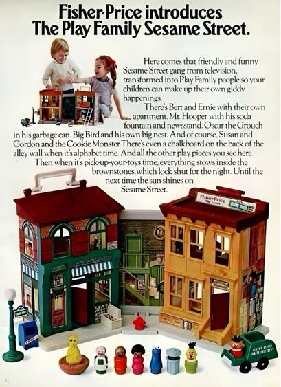 The toy is a Sesame Street playset. You see two buildings connected together by a fake brick wall. There are several characters like Big Bird, Cookie Monster, Ernie and Bert and what looks like Gordon and Maria.