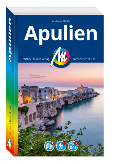 Cover des MM-Reiseführers
Apulien
Oben blau, darunter ein Bild von
Vieste, schöne Küstenstadt auf den Felsen in Apulien