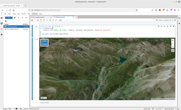 A screenshot of my Web browser with the JupyterLab opened. The view in the interactive map is currently one of the German Alps. The 3D effect is subtle but quite noticeable. The camera is not in a top-down view but angled at around 30° which enables the effect of depth.