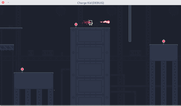 🕶️ A view of its UI (v. 1.0.1, compiled with Godot from my Linux PC, in this case the title bar shows “Charge kid (DEBUG)”) with the Kid at the top of a platform shooting towards a wall (for the screenshot, I've done a bit of nonsense to show the shooting possibilities) in a dark blue environment reminiscent of an industrial complex.

📚️ Charge Kid is a libre (commercial binary), multi-platform puzzle platformer whose objective is to reach the next platform through a thoughtful combination of mechanics and physics. The player has limited resources to complete each jump. The difficulty lies not so much in the precision of the jump as in the use of the limited resources available. The game features precise controls, multiple solution puzzles, quality pixel-art graphics, soundtrack and sound effects.