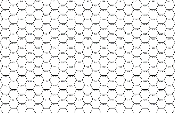 A blank hex map, with 21 columns and 12 rows of hexagons, vertically-stacked. Each hexagon is numbered with its column and row number.