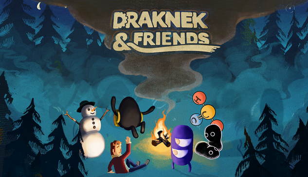 Characters from Draknek & Friends games, hanging around a campfire.