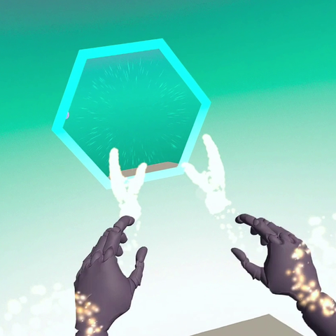 First person perspective, looking towards a portal. Orange particles show the gesture to perform, and the player hands prepare to execute it.