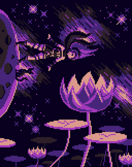 A pixel art fanart of the video game Gravity Rush with Kat, a cat and big water lilies
