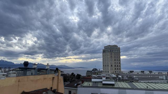 Vue de la tour Bel-Air, du ciel nuageux, et du Léman, depuis un toit en terrasse lausannois.