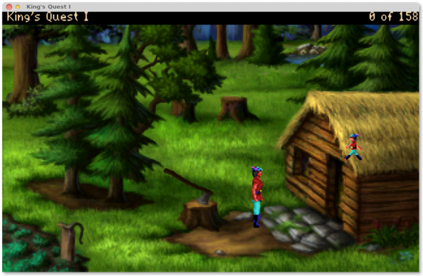 🕶️ A side view of "King's Quest I VGA", a remake of the game of the same name, designed with AGS. The protagonist (wearing a Robin Hood-style hat) stands in front of an isolated cottage in a wood. The player's cursor (me) is positioned over the thatched cottage, and has the reduced appearance of the protagonist.

📚️ Adventure Game Studio (AGS) is a libre, multi-platform engine oriented (but not only) towards specifically developed point-and-click adventure games, and a tool (IDE with scripting language) to design these games (no Linux port for the latter yet). It's a mature engine whose catalog now includes several thousand titles.