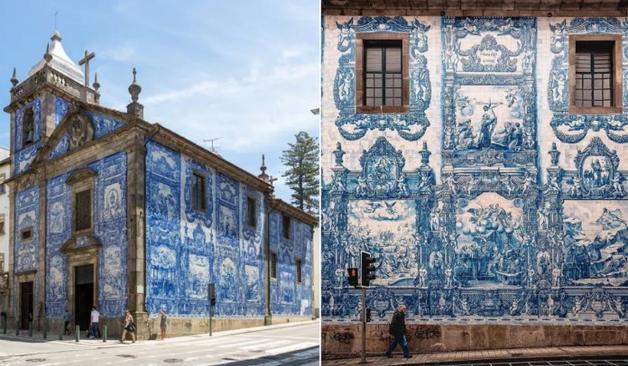 A side-by-side view of the Chapel of Souls in Porto, Portugal. The left panel shows the full church with its iconic 15,947 blue ceramic tiles (azulejos) covering the exterior. The right panel zooms in on a detailed section of the tilework, depicting intricate religious scenes and decorative patterns. The artistry, completed by Eduardo Leite in 1929, blends with the urban surroundings while showcasing the rich heritage of Portuguese craftsmanship.