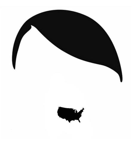 Super simple black graphic on white background of the recognizable parted hair of hitler. A silhouette of the  map of United States placed as his moustache. 

I couldn’t find who to credit.