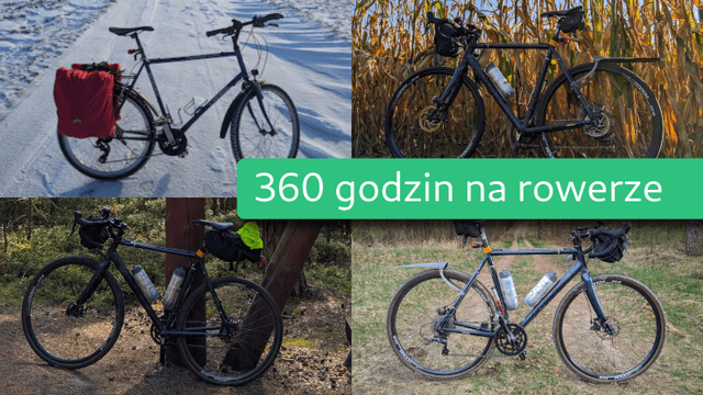 Obrazek wyróżniający dla wpisu „Rowerowy rok 2024”. Na kolaż czterech zdjeć rowerów (na tle śniegu, dojrzałej kukurydzy, zielonego lasu latem i wiosennego, dopiero zieleniącego się lasu.
