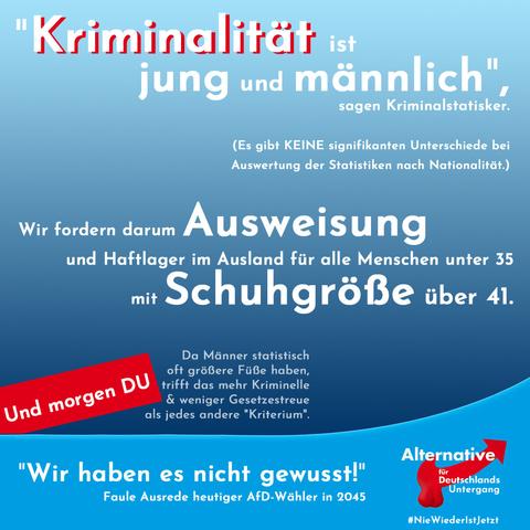 "Kriminalität ist jung und männlich", sagen Kriminalstatistiker.
(Es gibt keine signifikanten Unterschiede bei Auswertung der Statistiken nach Nationalität.)

Wir fordern darum Ausweisung und Haftlager im Ausland für alle Menschen unter 35 mit Schuhgröße über 41.

(Da Männer statistisch größere Füße haben, trifft das mehr Kriminelle und weniger Gesetzestreue als jedes andere "Kriterium".)

Roter Balken mit weißem: "Und morgen du."

afd-blaue Hintergründe, unten: "Wir haben es nicht gewusst", Faule Ausrede heutiger AfD Wähler in 2024

Unten rechts Logo: Alternative für Deutschlands Untergang.