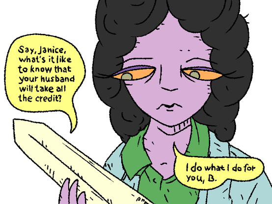 Janice Welligton, a MilTek engineer from the sentient_weaponry division holds her creation - OpenBlade.

OpenBlade: "Say, Janice, what's it like to know your husband will take all the credit?"

Janice: "I do what I do for you, B."