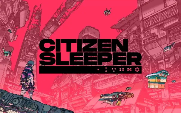 Plansza tytułowa Citizen Sleeper. Widok na infrastrukturę stacji The Eye, przelatujące pojazdy i protagonistą na pierwszym planie, stojący tyłem do oglądającego. Całość utrzymana w czerwonej kolorystyce, z czarnym tytułem gry na środku.