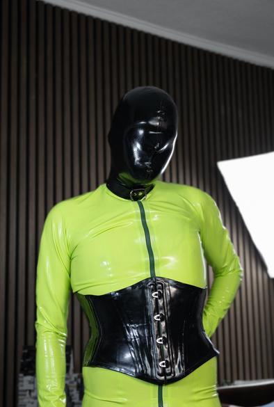 green latex outfit with mask