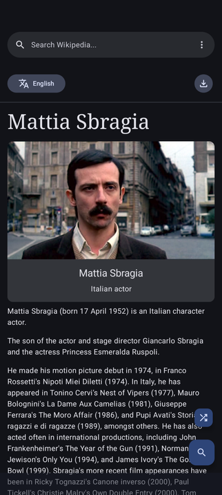 A screenshot from the WikiReader app showing an article from the Wikipedia website.