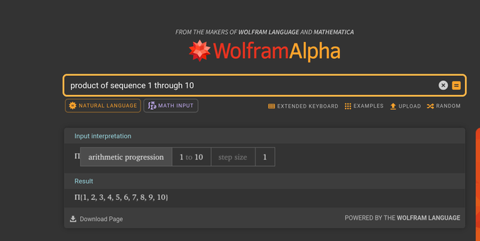 wolframalpha query "product of sequence 1 through 10" resulting in just the arithmetic progression of 1 to 10, ignoring the product part.