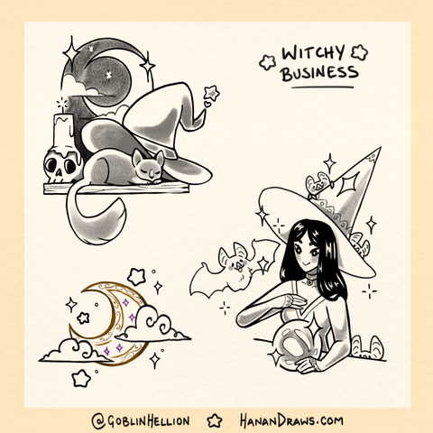 A sheet of flash tattoo designs, including: 1) a witches window with a big hat and a cat sleeping under it with the moon in the background, and a candle on a skull. 2) a bat witch scrying on something in her crystal ball while bats surround her happily. 3) an ornamental moon behind some stylized clouds, and some stars/sparkles in the sky around it.