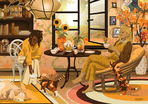 A honeycore image for a game background showing two women drinking tea in a cosy living room with two dogs and cats.