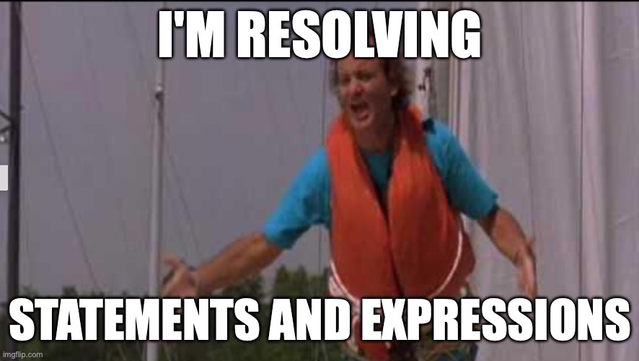 Bill Murray tied to a sailboat in the scene from "What About Bob?" in which he exclaims, "I'M SAILING"... but the image is captioned with "I'M RESOLVING STATEMENTS AND EXPRESSIONS"