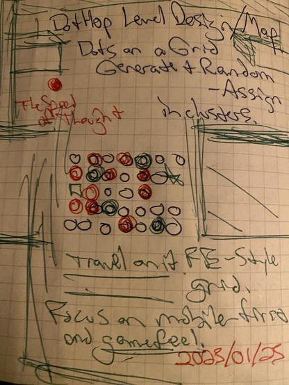 Green red and blue pen doodle and poorly-handwritten scrawl in a grided moleskin.

Text reads: Dots on a grid, generate and random assign in clusters. Travel on it, FE style grid. Focus on mobile-first and gamefeel.

A 7x5 grid of colored circles and other shapes tries to capture a proc-gen idea.