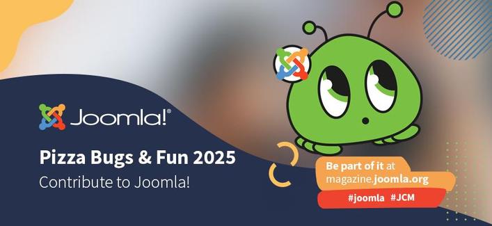 Graphic for post: Joomla logo, Pizza, Bugs & Fun 2025
Green bug like creature image.