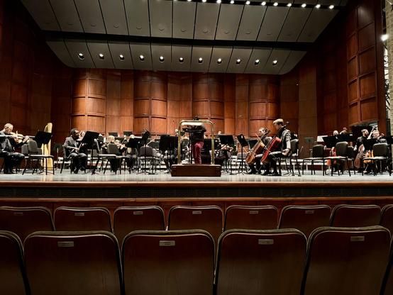 Members of the Greenville Symphony Orchestra are on the stage at the Peace Center for the Performing Arts in Greenville, South Carolina.