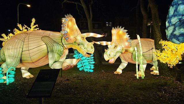 Two giant triceratops facing each other, glowing in light brown and green colours. Neon green plants glow behind them, illuminating the dark surroundings.