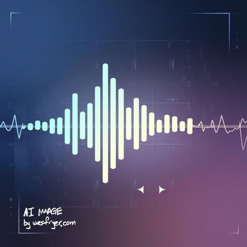 An abstract digital representation of sound waves, featuring vertical bars of varying heights and a sine wave background. The colors transition from light blue to pale yellow against a gradient purple and blue backdrop.