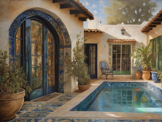 A Mediterranean-style courtyard with a cushioned patio chair by a tiled reflecting pool. An ornate shadowed blue-tiled arched doorway and potted plants create a sense of coolness on a sunny day.