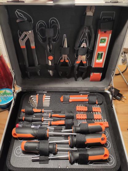 Mallette ouverte montrant l'étage du dessus:
4 gros tournevis (2 plats et 2 cruciformes)
4 petits tournevis (2 plats et 2 cruciformes)
Un tournevis plat testeur de phase
un jeu d'embouts de vissage avec son porte embout à manche de tournevis
un jeu de clé allen
un cutter
un niveau
une pince plate
une pince coupante
une pince bec fins
une paire de ciseaux de bricoleur
une pince multiprise