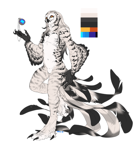A reference image of an anthro owl. The character has white and grey feathers with black markings. Their hair is long. Their tail feathers are incredibly long.