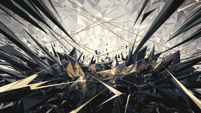 A dynamic, expressionistic abstract composition with swinging lines and geometric patterns. At the center, there is a harmonious web of light, crossing lines. Chaotic dark elements are held back by a network of golden connections. The style is similar to Kandinsky.