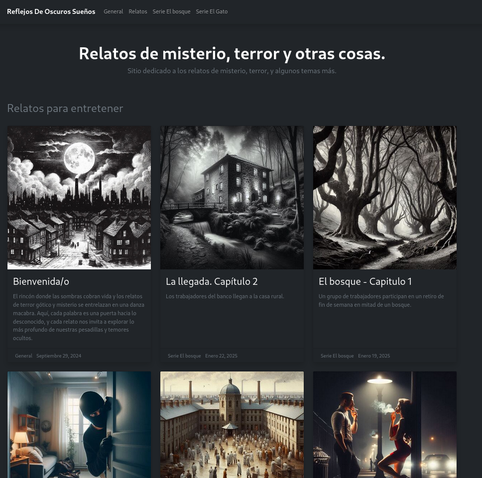 Página principal del blog Reflejo de Oscuros sueños, donde pueden verse algunas ilustraciones en blanco y negro que dan paso a diversos relatos de misterio y terror, principalmente.
